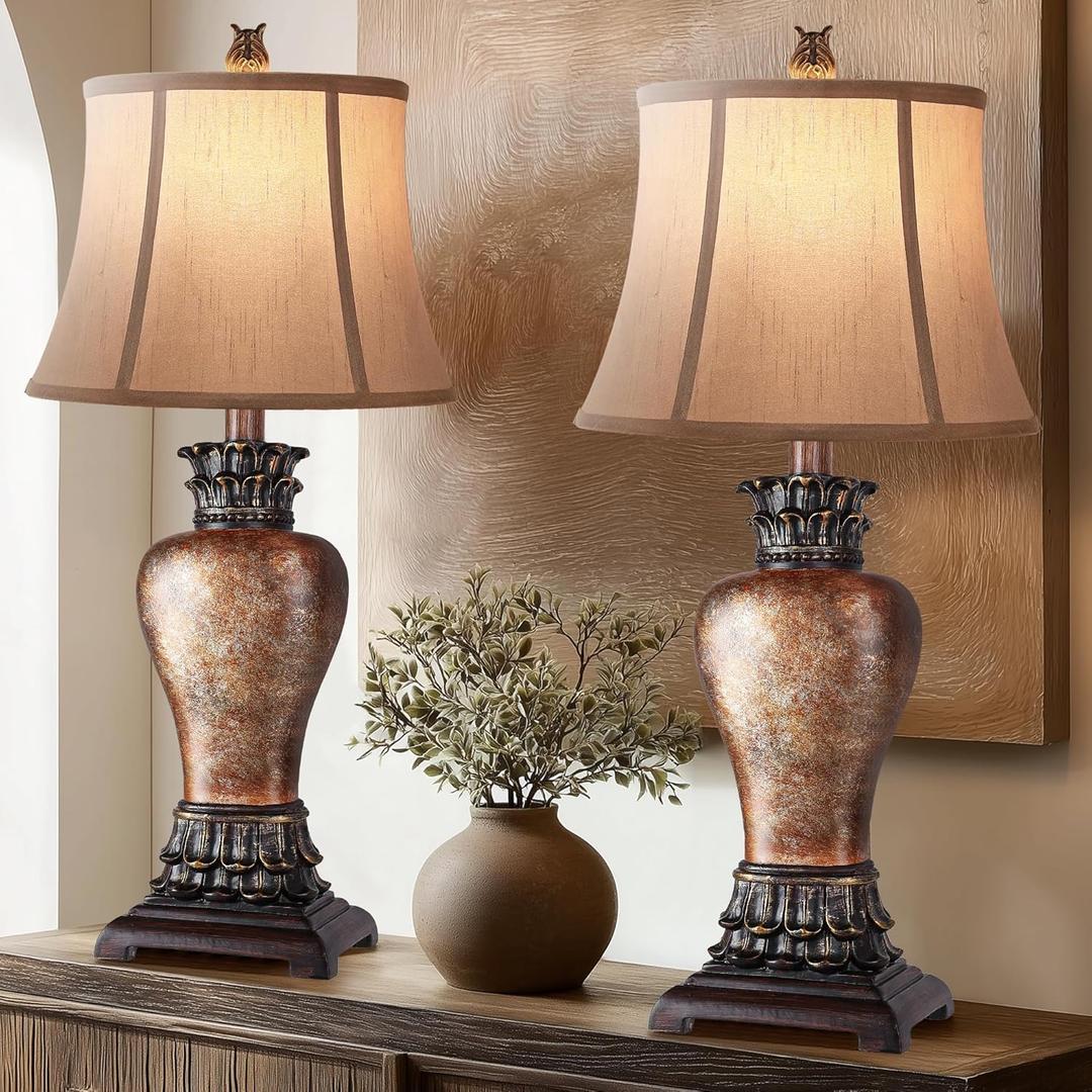 Hamucd 27" Set of 2 Tall Farmhouse Rustic Table Lamps for Living Room,3-Color Temperature Dimmable Western Bedroom Lamps for Night Stands Traditional Antique Decor (Brown)