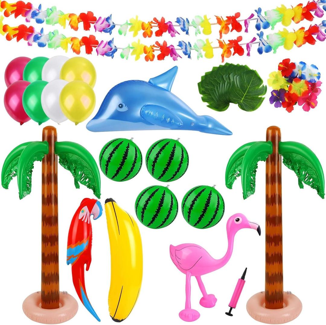 Ruisita Inflatable Luau Party Set 2 Pack Palm Trees 4 Pack Inflatable Watermelon 12 Pack Hawaiian Flowers 12 Pack Monstera Leaves 20 Pack Balloons Wingless Parrot Flamingo Banana for Party Supply, Medium
