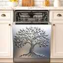 Magnetic Dishwasher Cover 23x26 Inch, PVC Door Panel with Flexible Magnet Backing, Trim to Fit Reusable Skin for Magnetic Fridge, No Adhesive, Silver Tree of Life Brushed Metal Kitchen Decor
