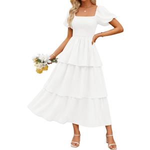 ZESICA Women's Summer Smocked Midi Dress 2026 Casual Puff Short Sleeve Flowy Tiered Boho Beach Vacation Long Dresses, White, Small