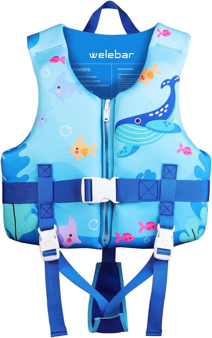 Kids Swim Vest, Toddler Floaties with Adjustable Safety Strap Swimming Aids Child Float Swimsuit for Boys and Girls Age 2-10 Years Old/22-88lbs (M(4-6 yrs/33-44 lbs), Whale)