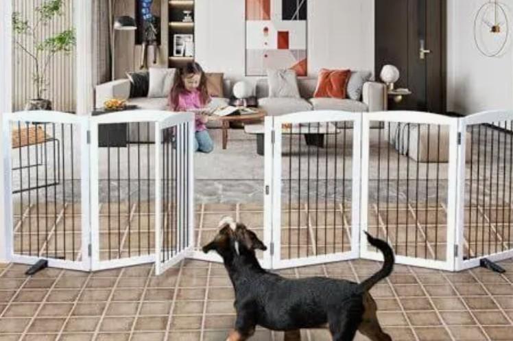 SFJC Dog Gate Freestanding Dog Fence Indoor with Door Foldable, Wooden Dog Gate for The House, Doorway, Stairs, Pet Gate Puppy Safety Fence, Support Feet Included, 24" Height, 6 Panels, White