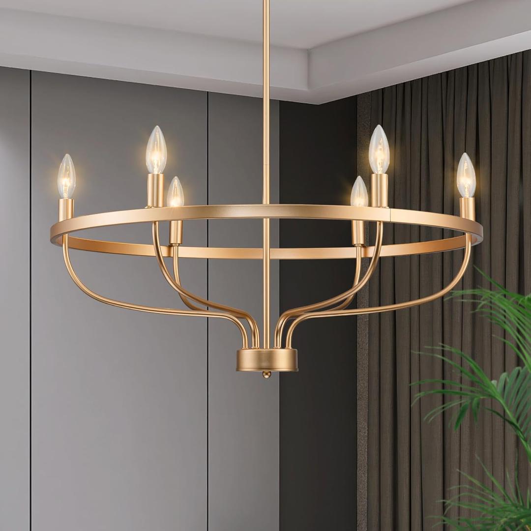 6-Light Gold Chandelier, Candle Chandeliers for Dining Room, Vintage Farmhouse Chandelier Light Fixture for Entryway, Bedroom, Foyer and Living Room