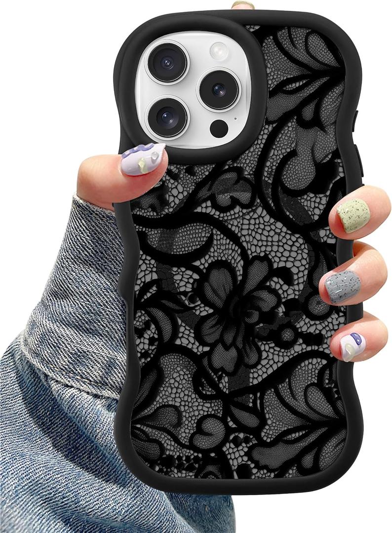 Magnetic Case for iPhone 13 Pro, Compatible with MagSafe, Cute Black Lace Flower Aesthetic Soft Silicone Curly Wavy Shockproof Protective Phone Cover for Women Girls