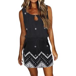 SAUKOLE Womens Summer Causal Loose Sleeveless Crew Neck Drawstring Waist Mini Short Dress with Pockets (Large)