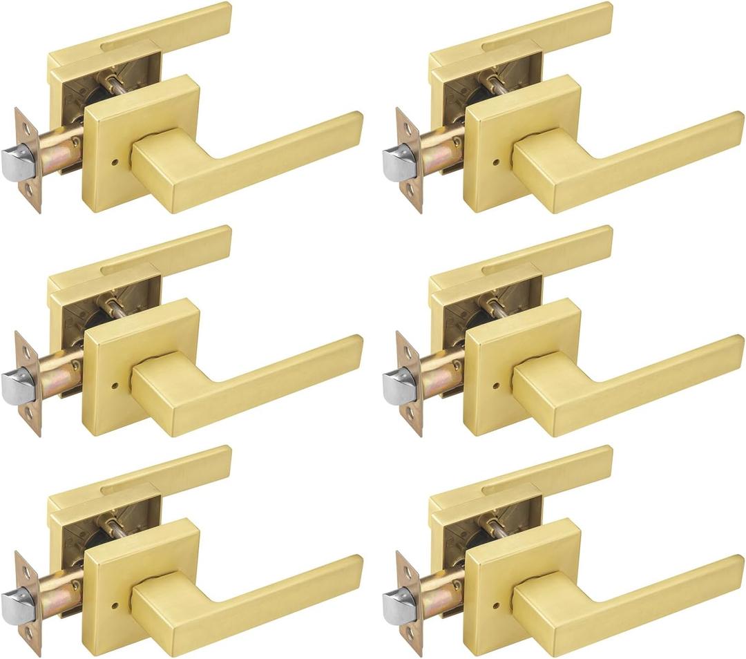 6 Pack Gold Door Handles Interior, Privacy Door Lever for Bath & Bedroom, Push Button Door Handle with Lock