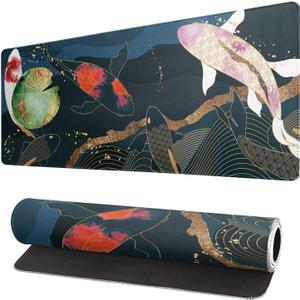 Japanese Gaming Mouse Pad XL - Extended Large Mouse Mat Desk Pad, Stitched Edges Mousepad, 3mm Thick Long Non-Slip Rubber Base Mice Pad, 31.5 X 11.8 Inch - Koi Fish Art