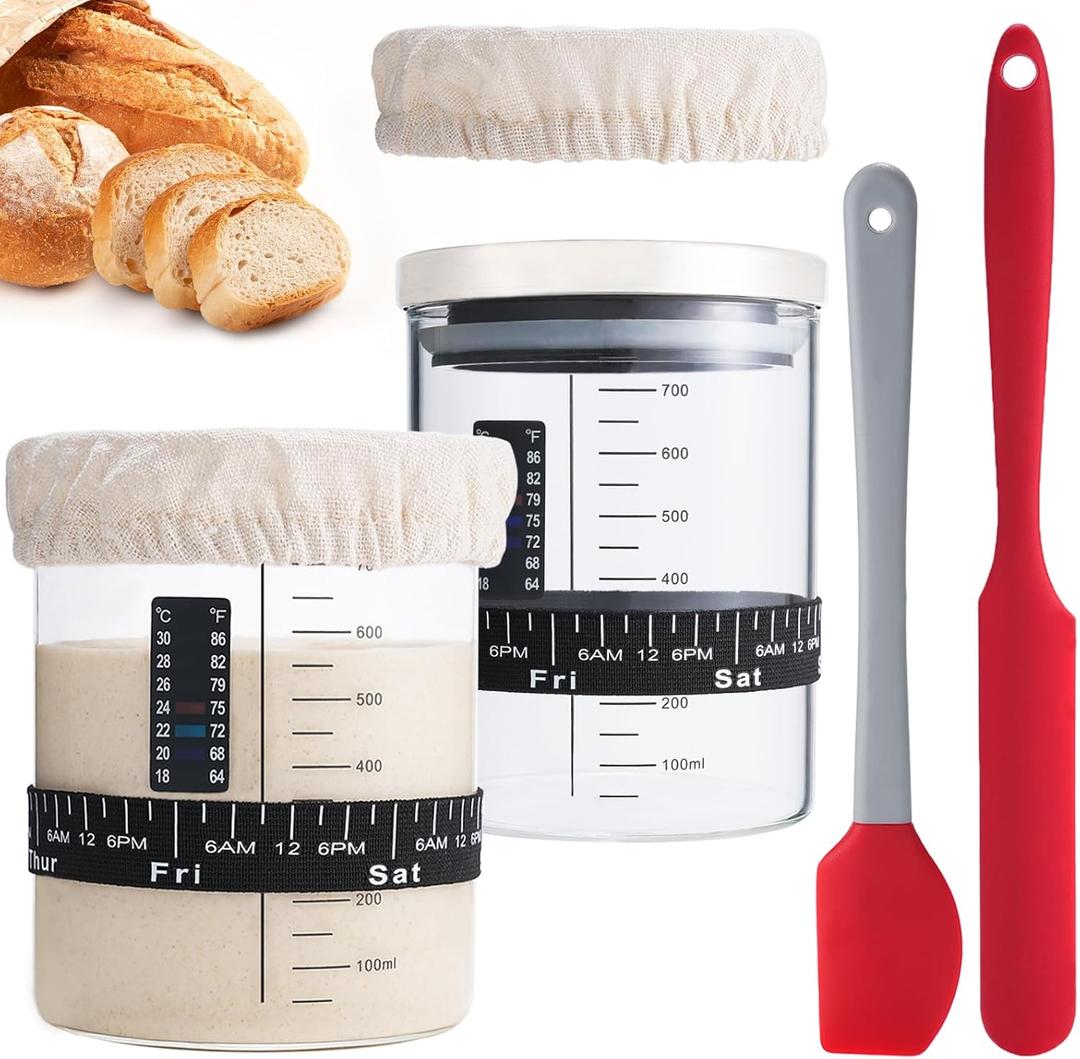 Sourdough Starter Glass Jar, 26 OZ Large Wide Mouth Jar for Sour Dough Starter, Easy to Use Sourdough Bread Baking Supplies Kit for Beginners and Pro, 2 Pack