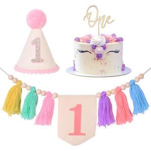 Bohemian 1st Birthday High Chair Banner Decoration Wooden Beads Tassel Colorful Cone Hat Girl Party Decoration Set with Cake Insert