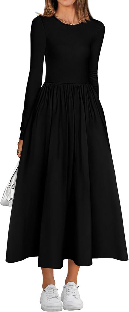 BTFBM Casual Long Sleeve Dresses Spring Dresses 2025 Wedding Guest Dress Midi Dress Flowy Bohemian Long Dress (X-Large, Black)