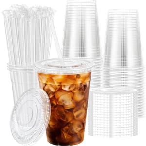 100 Pack 16 oz Disposable Plastic Cups with Lids and Straws, Clear Party Coffee Cups for Cold Beverages, Smoothies, Iced Coffee, and Leak-Proof, BPA-Free