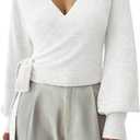 SHENHE Women's Casual V Neck Wrap Sweater Pullover Long Sleeve Slim Fit Knit Crop Top Sweater (Medium, White)