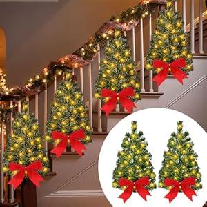 Dingion 4 Pack Christmas Swags Christmas Staircase Decor Christmas Trees Garland for Stairs Christmas Garland with Lights with Red Bows Stairway Swag for Front Door Wall Window Home Xmas Fence Decor