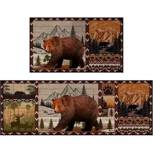 Bencailor 2 Pcs Rustic Cabin Bear Kitchen Rugs Farmhouse Kitchen Rugs Winter Wildlife Door Mats Brown Animal Deer Mat Non Slip Washable Woodland for Floor Indoor Home (17 X 30 in + 17 X 47 in) (Vivid Color)