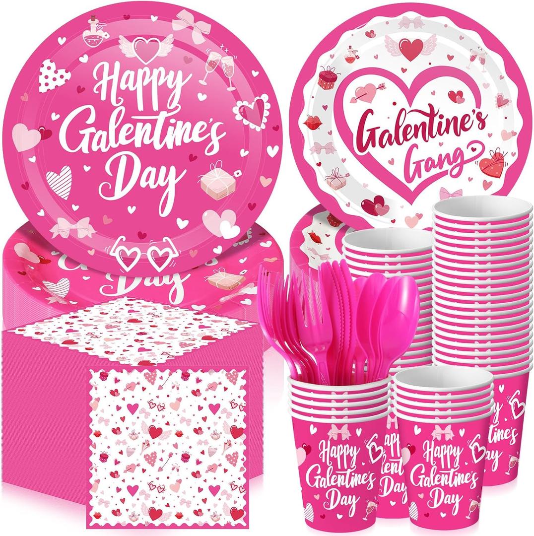 Havawish 192 Pcs Galentine's Day Plates and Napkins Party Supplies Galentine's Day Heart Disposable Tableware Dessert Plates Paper Napkins Cups Plastic Fork Set for Party 24 Guests(Pink,Cute)