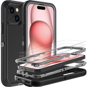 YKHJKLEC for iPhone 15 Case, Military Grade 3 in 1 Heavy Duty Shockproof/Drop Proof/Dust Proof Case with 2Pcs Tempered Glass Screen Protector (Black/Grey)
