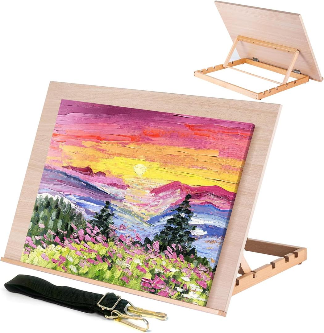 Large Artist Drawing Board 24" L x 15 5/8" W, Adjustable Beechwood Tabletop Easel with 5 Positions, Portable Drafting Table Stand for Painting and Sketching