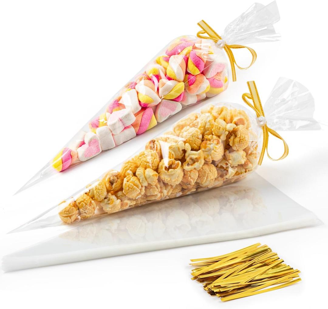 Labeol Cone Shaped Treat Bags 150pcs 7x14 Popcorn Clear Cellophane Bags for Treat Party Favor Candy Snack Goodie Triangle Plastic Gift Bags with Ties