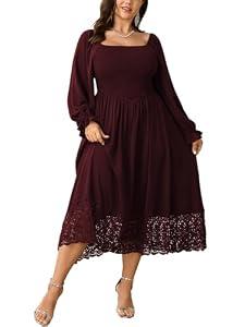 SHESTARR Women's Plus Size Maxi Dress Long Sleeve Square Neck Smocked Flowy A-Line Lace Trim Wedding Guest Dresses Burgundy, 3XL