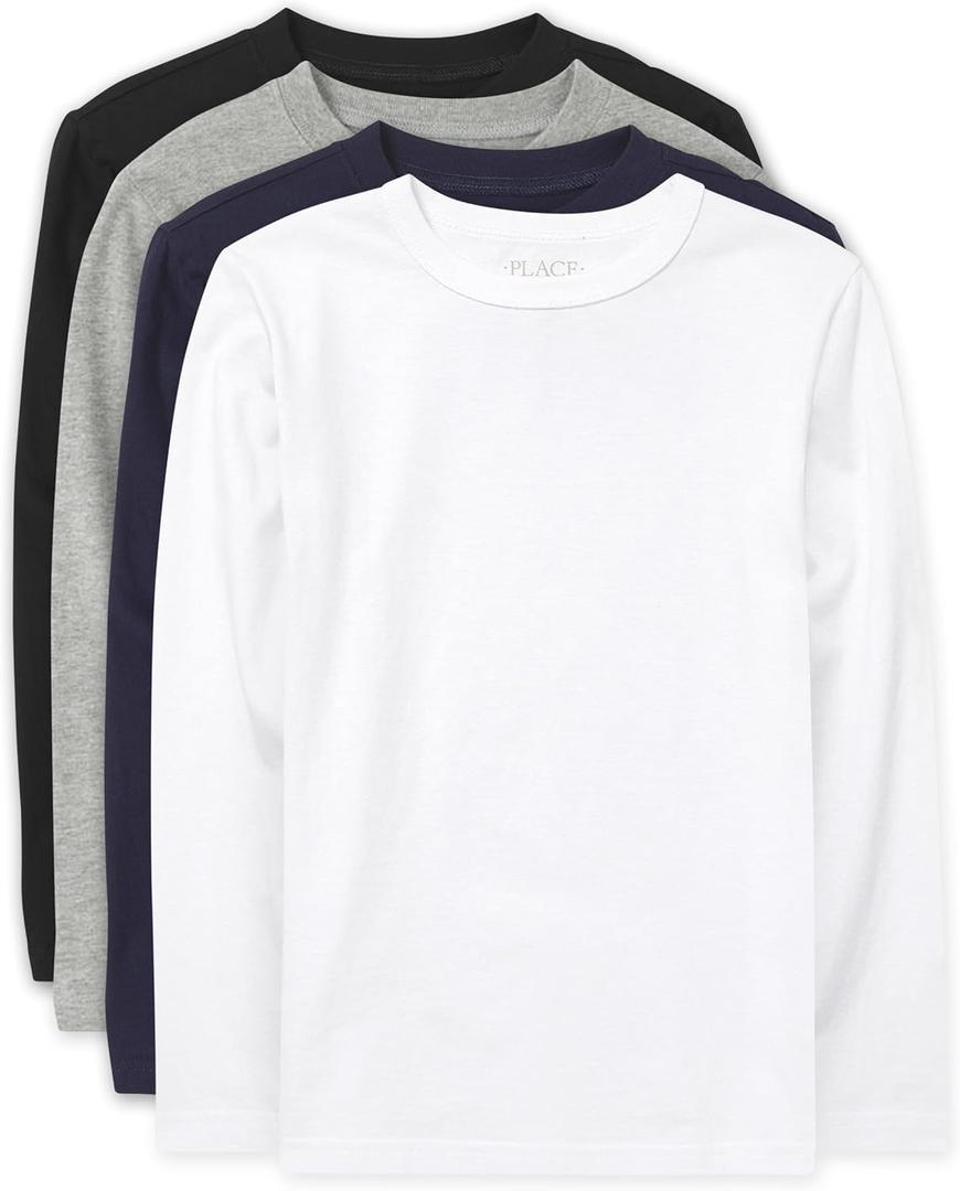 The Children's Place Boys' Basic Layering Long Sleeve Tee (Large, Black/New Navy/Smoke/White 4-Pack)