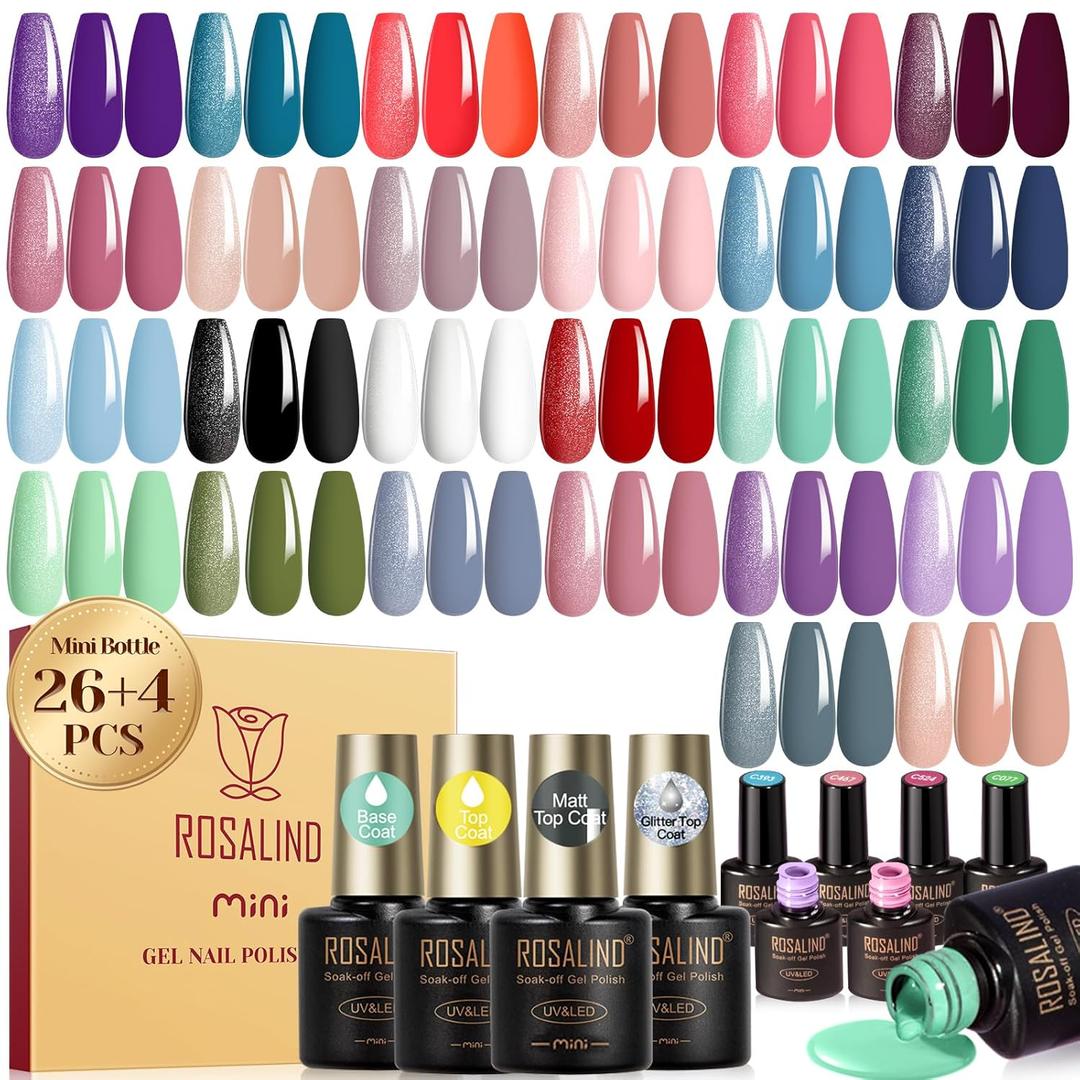 ROSALIND 30PCS Gel Nail Polish Set, 26 Classic Colors Gel Polish kit with Base Coat Glossy Matte and Glitter Top Coat Gel Nails Set All Seasons Collection Gift for Women