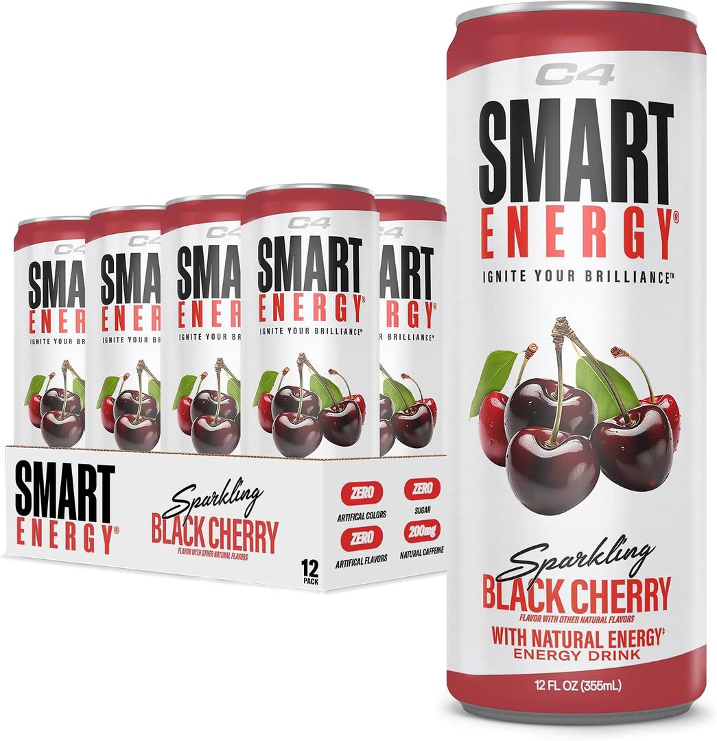 C4 Smart Energy Drink – Boost Focus and Energy with Zero Sugar, Natural Energy, and Nootropics - 200mg Caffeine - Black Cherry (12oz Pack of 12) (EXP 01/31/27)