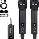 Dual Rechargeable Wireless Microphones, Pro Handheld Cordless Mics System with Echo Treble BASS VOL Control for Karaoke Singing Church Party, 1/4'' Output, Black