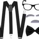 5Pcs Old Man Grandpa Costume Kit - Glasses, Gray Mustache and Eyebrows, Suspender, Bow Tie, 100 Years Old Costumes Accessories Set
918