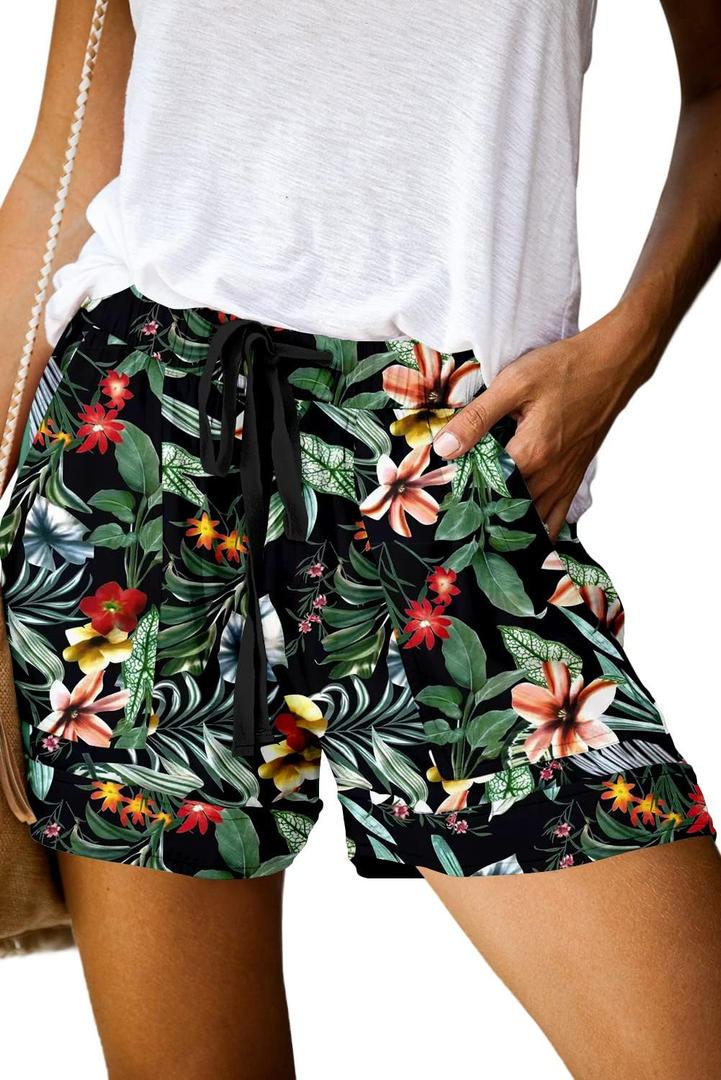 QUEEN PLUS Womens Casual Shorts Comfy Elastic Waist Drawstring Pocket Shorts Pants (Small, 2-black Lily)