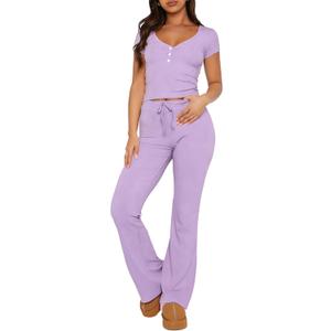 Womens 2 Piece Pajamas Set V Neck Short Sleeve Cropped Top And Flare Long Pants PJs Outfits Ribbed Lounge Sets (Large, Light Purple)