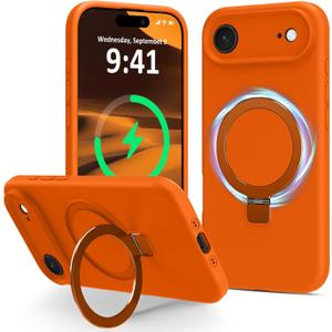 Compatible with iPhone Air Case with Stand, Full Camera Protection Slim Liquid Silicone Phone Case for iPhone 17 Air Compatible with MagSafe Magnetic Ring Kickstand Case 6.5", Cosmic Orange