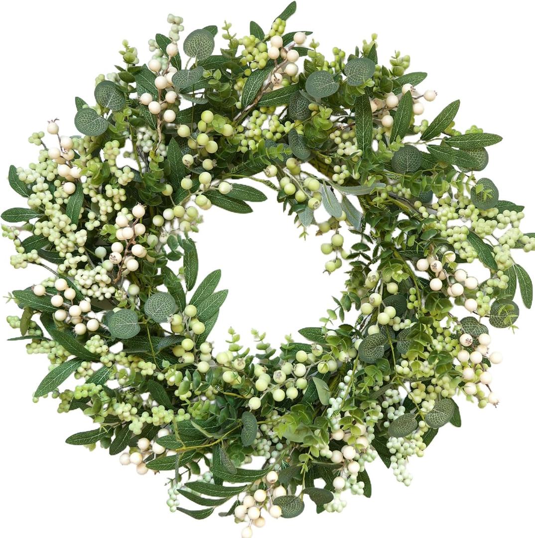 Green Eucalyptus Wreaths for Front Door 22 inch Spring Summer Wreath with Eucalyptus Leaves,Olives Leaves,Berry for Indoor Outdoor Farmhouse Home Porch Wall Window Festival Wedding Decor All Season