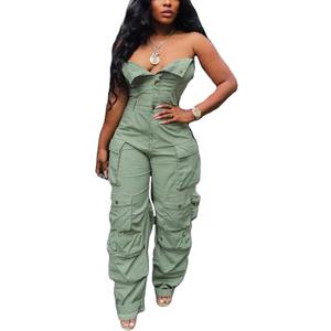 Tbahhir Women's Sexy Off Shoulder Tube Denim Cargo Jumpsuits Wide Leg Baggy Loose Jean Pants Rompers Overalls (XX-Large, Green)