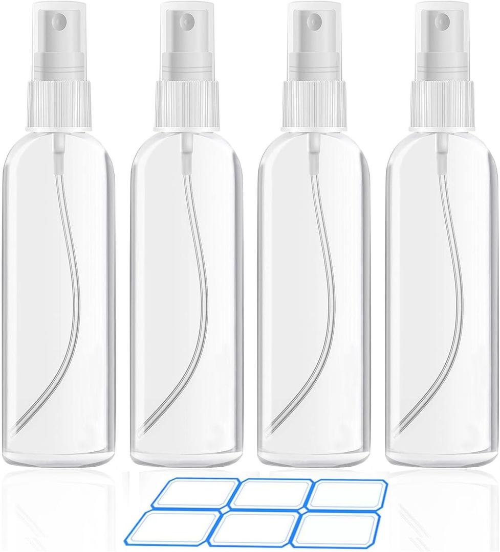 4 Pack 3.4 Oz (100ml) Small Spray Bottles, TSA Approved Travel Bottles for Toiletries with Labels - Fine Mist, Refillable, Reusable, Leak Proof