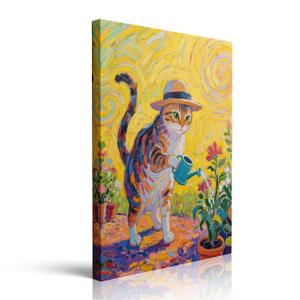 Funny Cat Gardening Canvas Wall Art Framed Print Painting Whimsical Animal with Flowers Wall Decor Artwork Poster Colorful Playful Scene for Kitchen Bathroom Office Country Decor 16x24 Inches