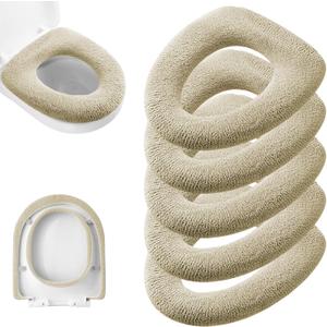 Legigo 5 Pack Thicker Bathroom Toilet Seat Cover Pads- Soft Warmer Toilet Seat Cushion Cover Stretchable Washable Fiber Cloth, Easy Installation Comfortable Toilet Lid Seat Cover(Knit Elongated Beige)