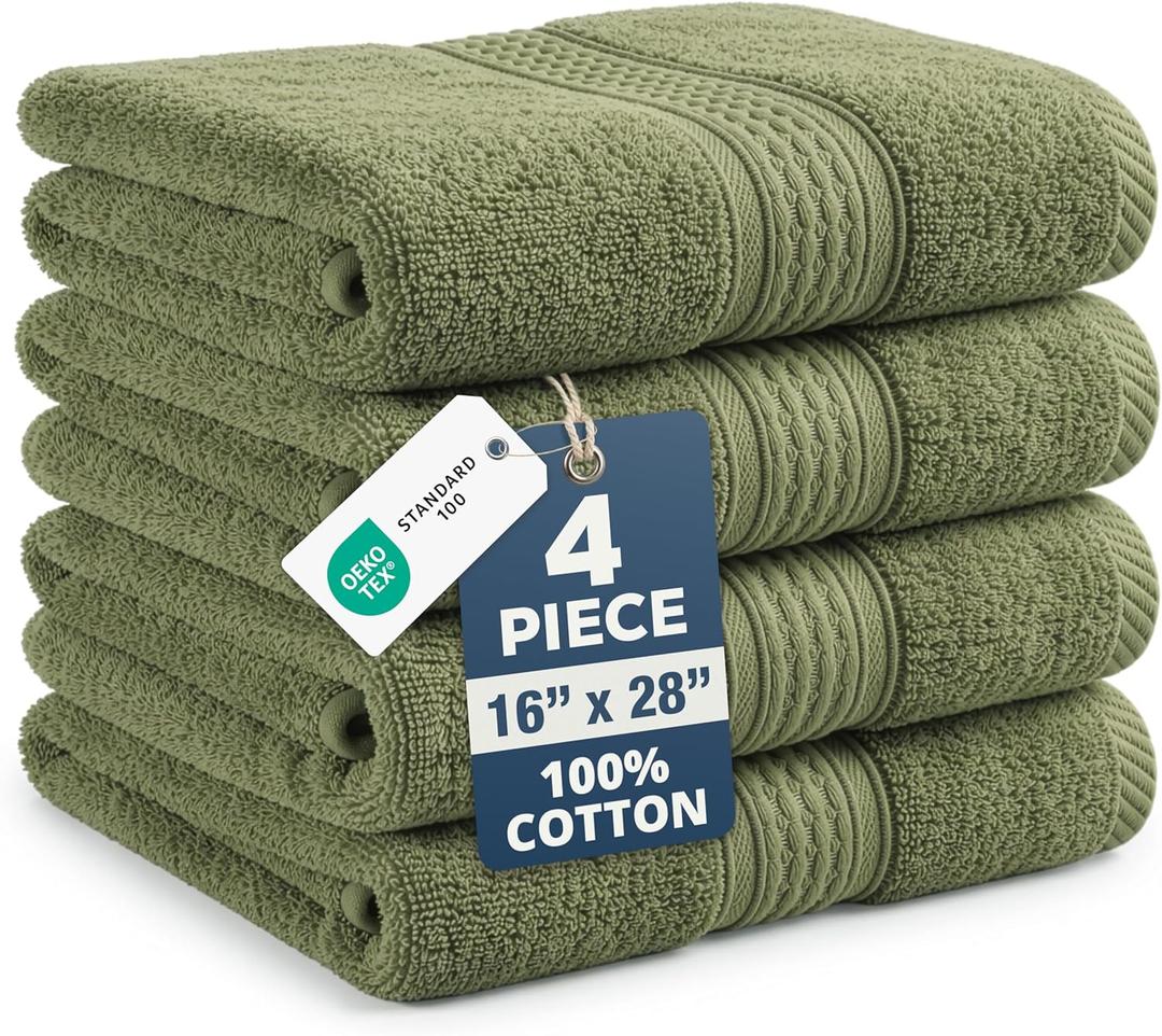 LANE LINEN Bath Hand Towels for Bathroom - 4 Pack (16" x 28"), 100% Cotton Hand & Face Towels Set - Soft, Prevent Fraying & Machine Washable - Everyday Family Towel, Gets Softer Each Wash - Oil Green