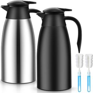 Norme 2 Pcs Thermal Coffee Carafe Insulated Stainless Steel Coffee Carafe for Hot Liquid Vacuum Thermal Pot Creamer Pitcher Dispenser with Brushes Keeping Hot Water Milk(Black, Silver,68 oz) (Silver, Black)