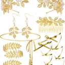 Cindeer 8 Pcs Greek Goddess Costume Accessories Set for Women Leaf Crown Headband Upper Arm Cuff Bracelet Leaf Dangle Earring