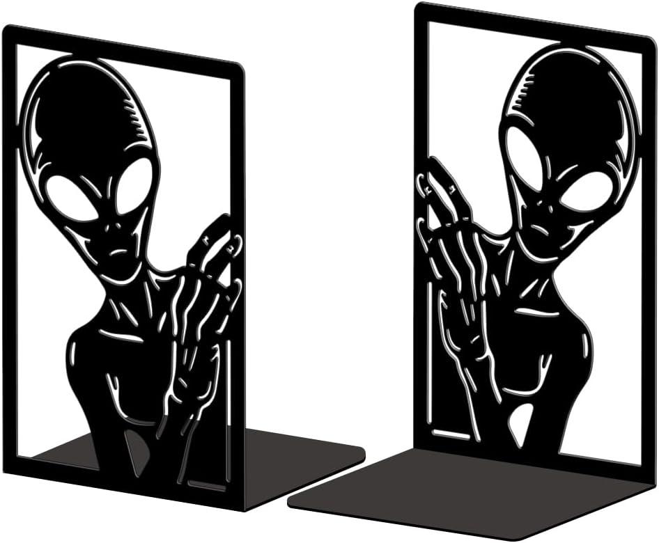 Peacoblue Metal Bookends for Shelves, Modern Decorative Heavy Duty Study Book Ends Stoppers for Office, Desk, Shelf, Room 4.7"x3.5"x7.9" Cast Iron Simple Tall Bookends 1 Pair (Aliens)