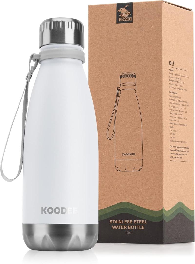 koodee 12 oz Stainless Steel Water Bottle for Kids, Double Wall Vacuum Insulated Flask Cola Shape Metal Water Bottles for School (White)