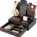 Phone Docking Station for Men: Desk or Nightstand Organizer with Drawer, Birthday Gifts for Husband, Dad, Boyfriend,Him, Wooden Charging Station for Phone Watch Key Holder Wallet (Reddish Brown)