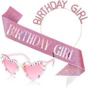 Birthday Girl Sash and Crown Headband & Glasses Set for Women Girls, Pink Birthday Tiara Crown and Sash for Women Glitter Happy Birth day Decorations Accessories Outfits Party Supplies