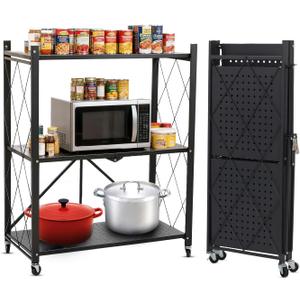 COKIHOM 3-Tier Folding Shelf, No Assembly Metal Shelving Unit with Wheels, Heavy Duty Folding Bookshelf, Space Saving Foldable Storage Shelf for Kitchen, Books, Pantry, Bathroom Organization