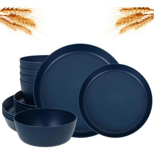 EI 12pcs Dark Blue Wheat Straw Dinnerware Set, Wheat Straw Plates, Plastic Plates Reusable, Plate and Bowls Sets, Unbreakable Plastic Plate for Dinner, Camping, Picnic
