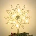 hogardeck Christmas Tree Topper, 10 Inches Lighted Gold Snow Tree Topper, 20 LED Lights Gold Glitter Powder Snowflake Tree Toppers Christmas Decorations, Battery Powered Timer Xmas Treetop Star Decor