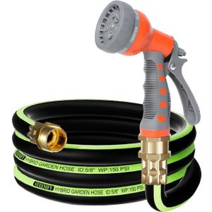 SYEENIFY Kink Free Garden Hose 10ft 5/8", Heavy Duty Hybrid Water Hose, Ultra Durable Flexible Rubber Hose with Sprayer Nozzle,Leakproof Yard Outdoor Hose with Brass Solid Connector