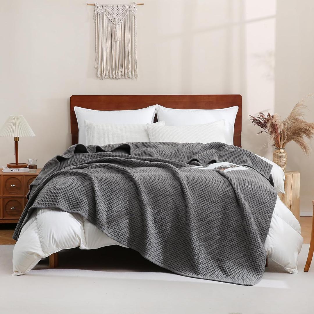 YOUR MOON Waffle Weave Wool Blanket Queen Size, Natural Australian Wool Blanket for Bed & Couch, Soft and Warm, Breathable Thick Throw Blankets for All Seasons, 90"x90", Gray