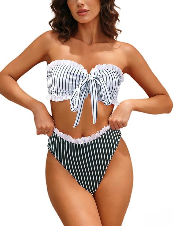 Women's Strapless Tube Bandeau Bikini Sets Bow Front High Waist Two Piece Swimsuit M