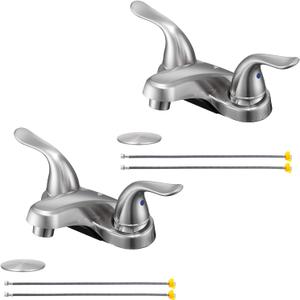2 Pack Bathroom Sink Faucets 2/3 Hole,Brushed Nickel Dual Handles 4 inch Plastic Plating Over Bathroom Faucet with Pop-up Drain and 2 Supply Hoses for Apartment Rvs Sink Vanity
